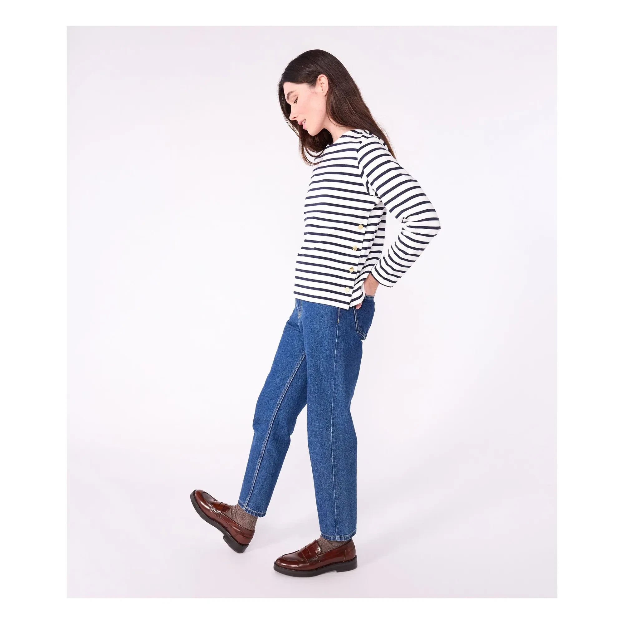 Petit Bateau - Camiseta marinera de algodón orgánico con cuello barco | Blanco