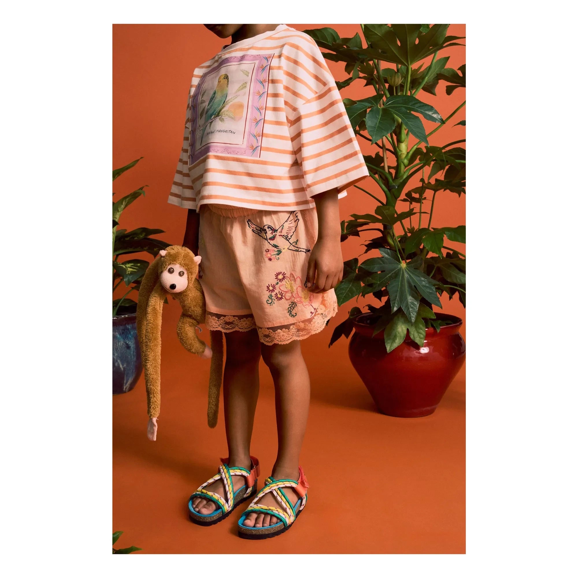 Maison Mangostan - Shorts bordados con pájaros | Naranja