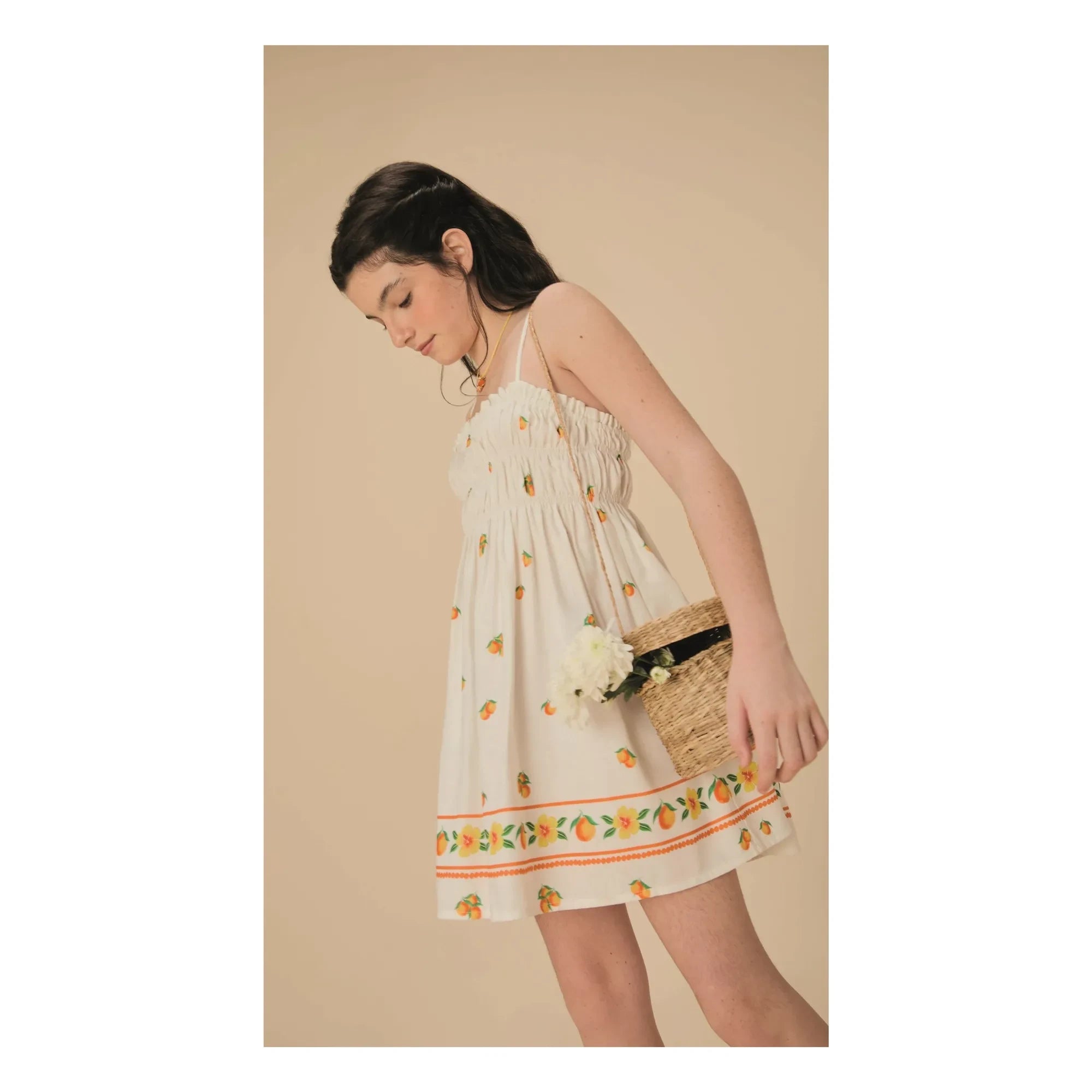 Fabula - Vestido Fruncido Naranja | Blanco