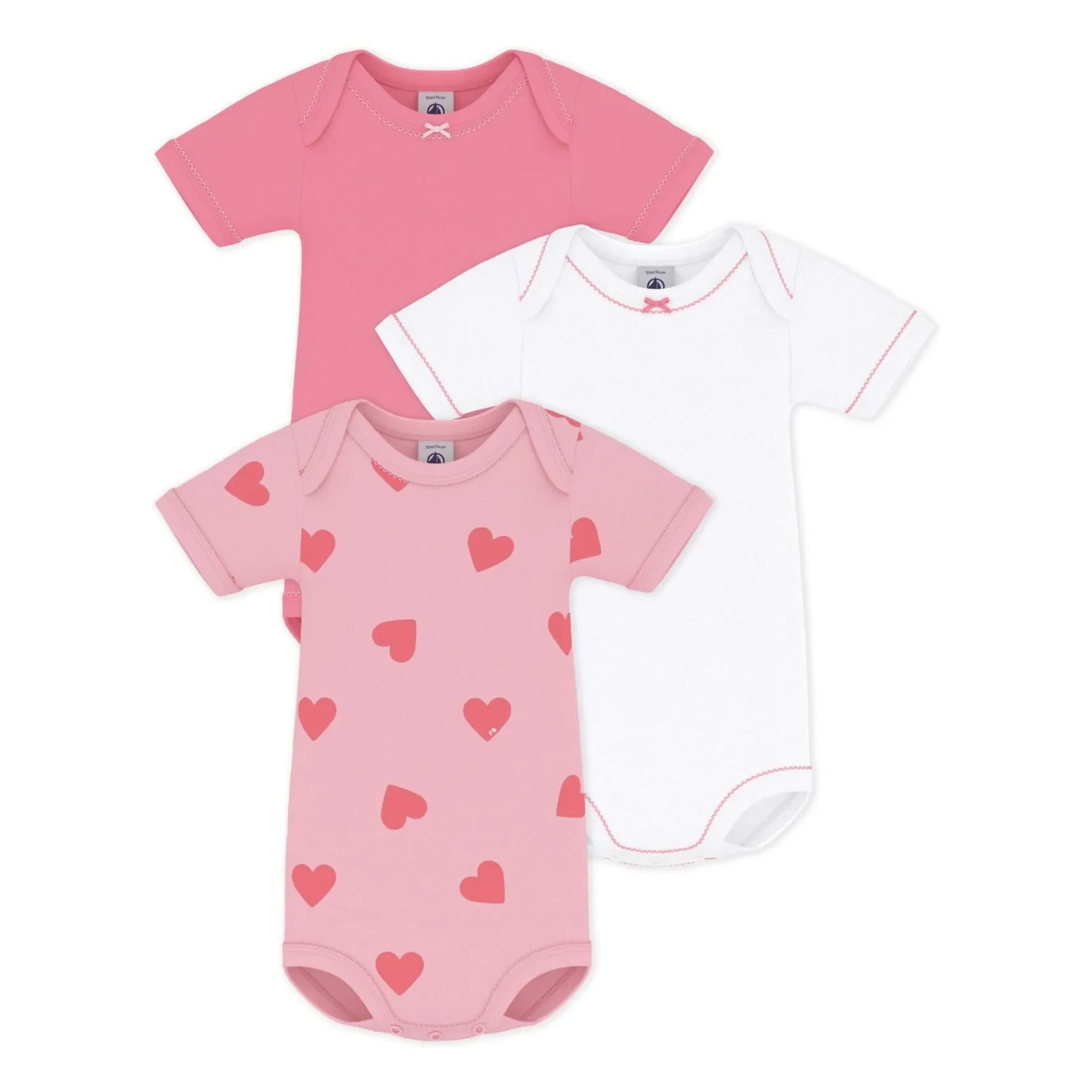 Petit Bateau - Conjunto de 3 Bodys de Algodón Orgánico con Corazones | Rosa
