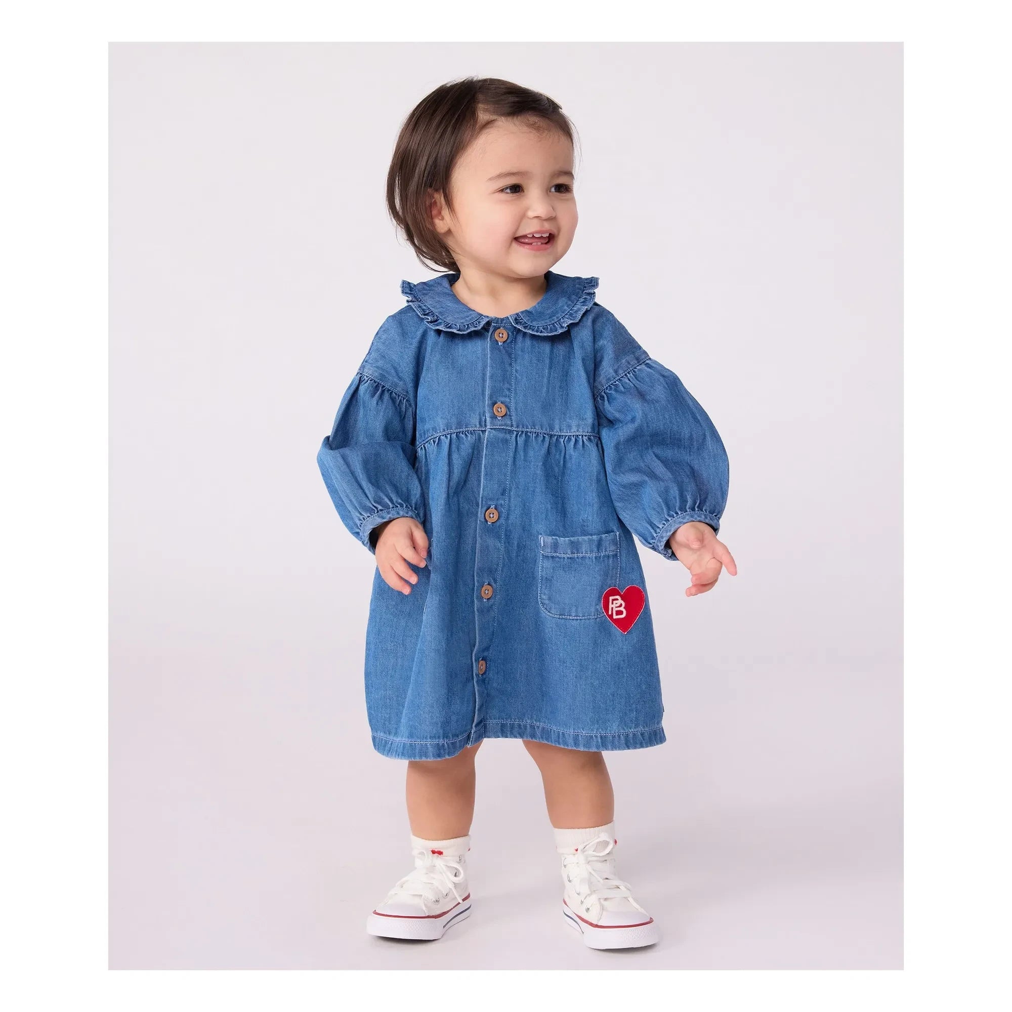 Petit Bateau - Vestido de algodón orgánico con cuello de mezclilla | Azul denim