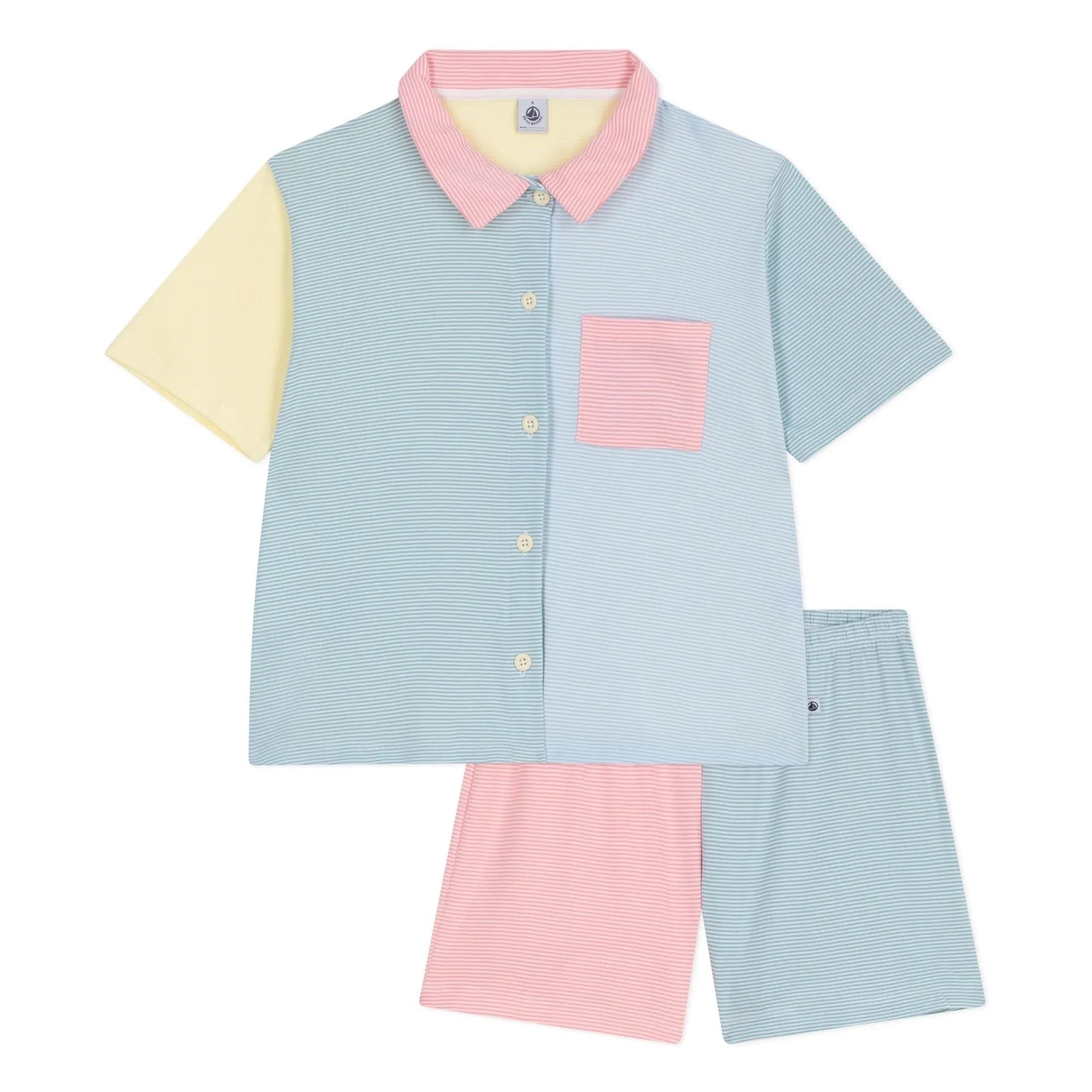 Petit Bateau - Pijama corto de rayas con bloques de color verde