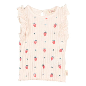Búho - Top de algodón orgánico con fresas en relieve | Rosa lichi