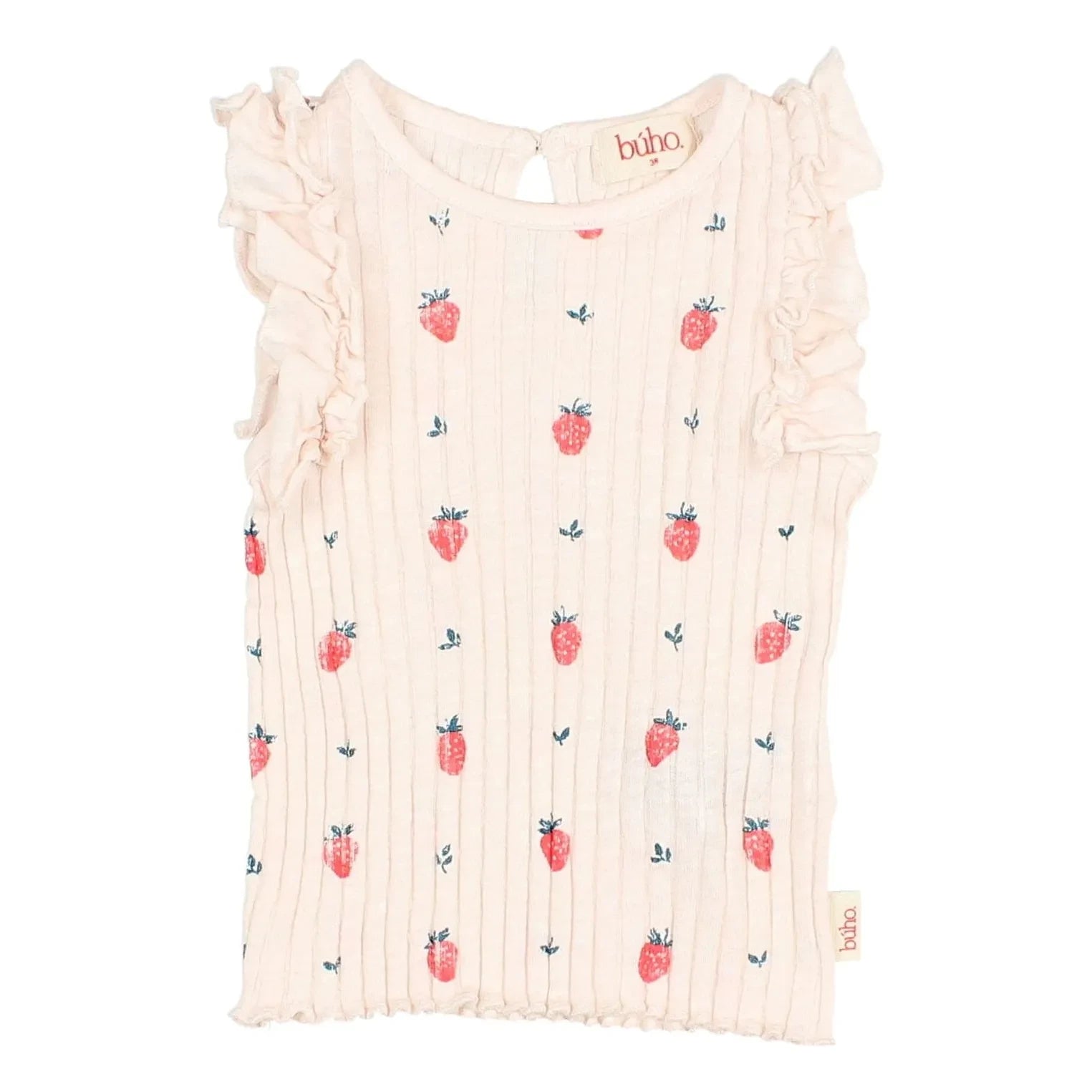 Búho - Top de algodón orgánico con fresas en relieve | Rosa lichi