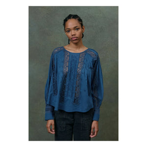 Louise Misha - Kadın Koleksiyonu | Mavi Organik Pamuk Voile Jeannine Bluz