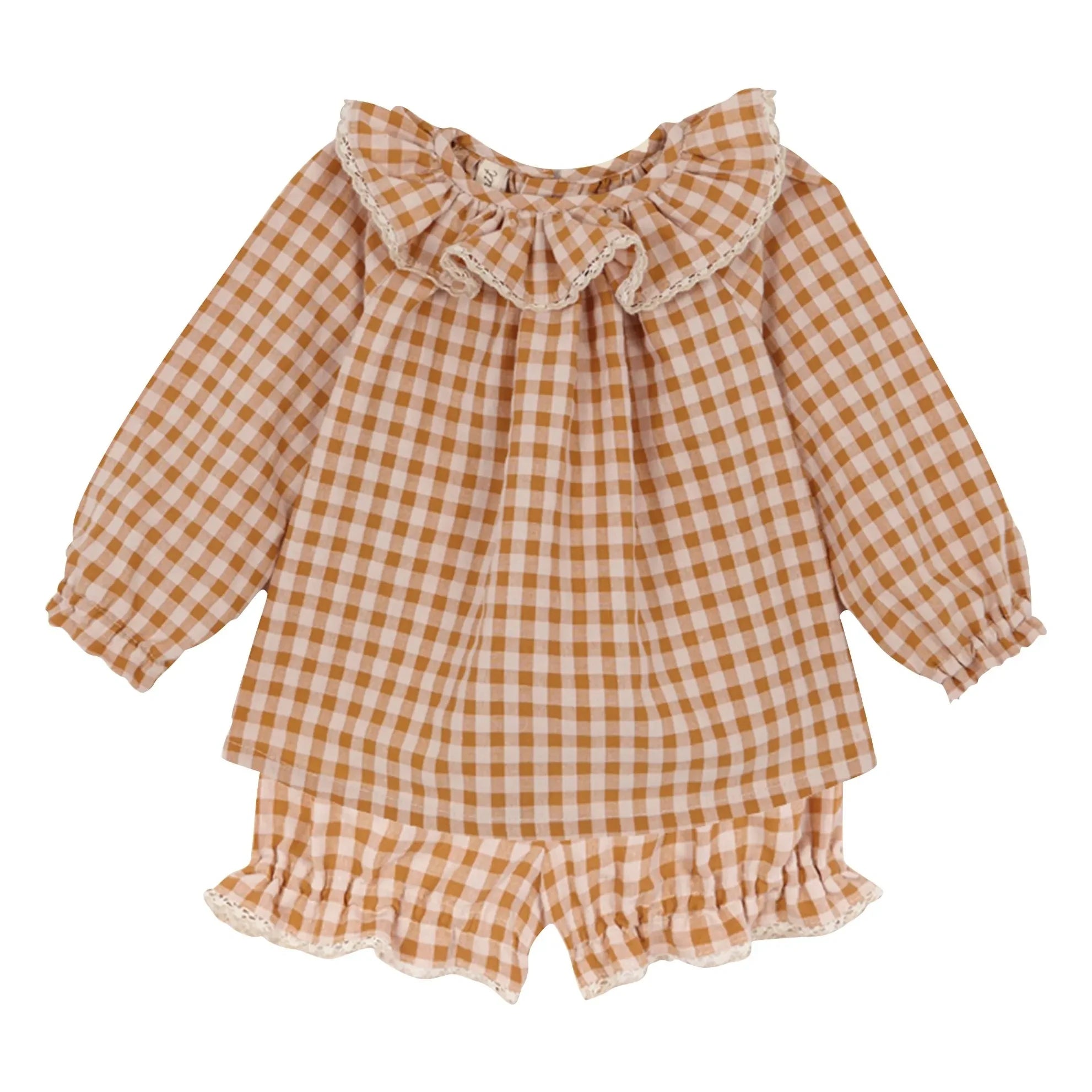 birinit - Conjunto de blusa y braguita de vichy de algodón orgánico | Caramelo