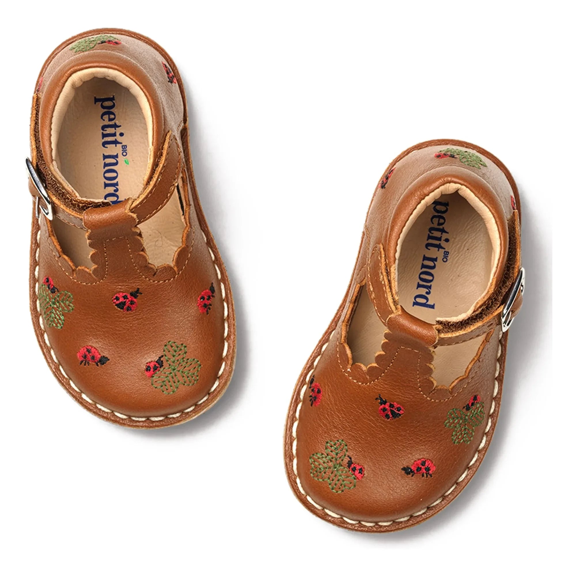 Petit Nord - Zapatos primeros pasos T-Bar con bordado de mariquita - Colección Uniqua | Camel