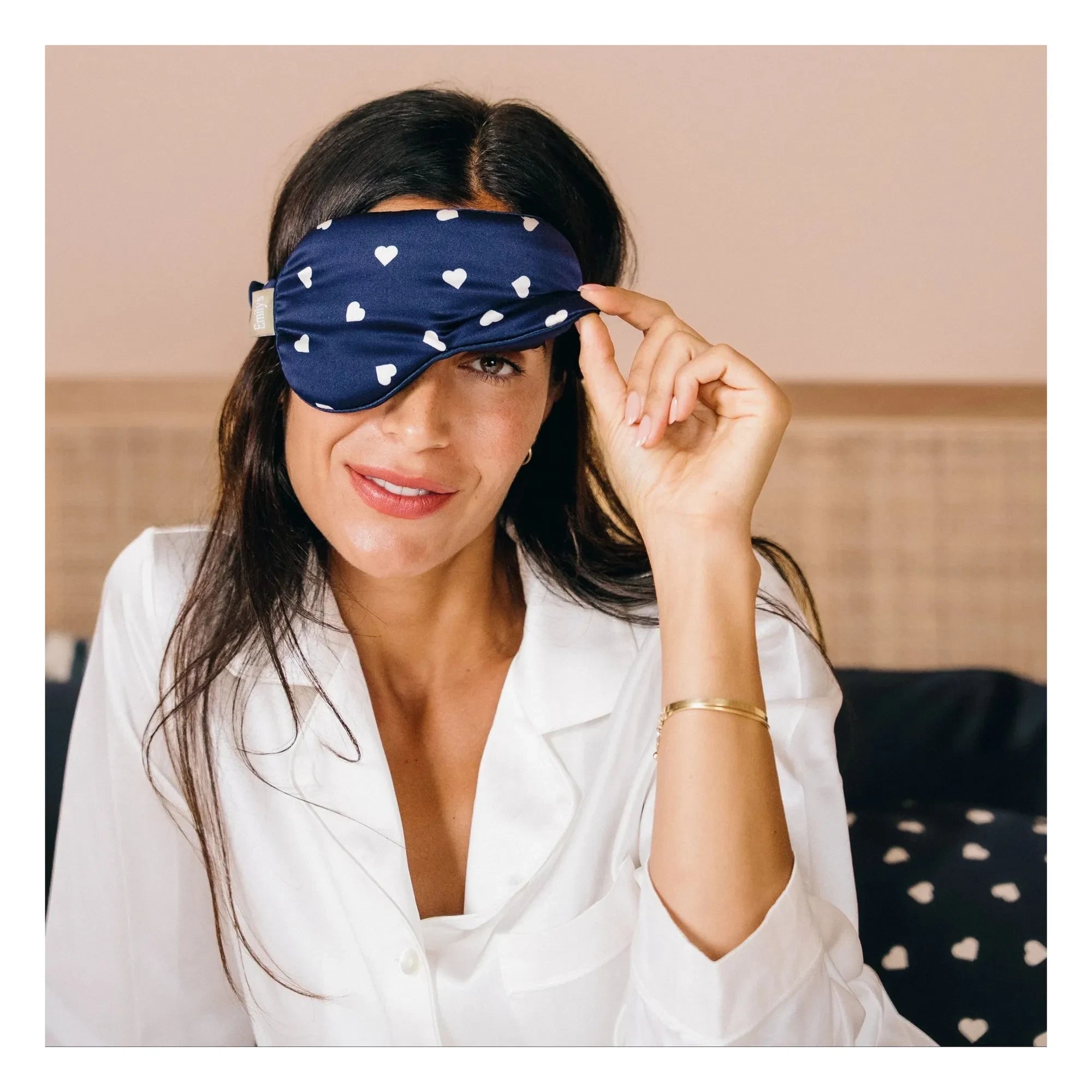 Emily's Pillow - Antifaz de seda de morera estampado con corazón | Azul noche