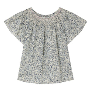 Bonpoint - Blusa Nella Fleurie de algodón orgánico con fruncido | Azul Prusia