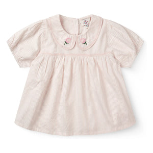 Copenhagen Colors - Blusa de rayas con cuello Claudine de algodón orgánico Seersucker | Rosa Claro