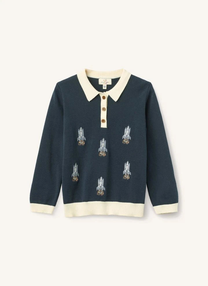 Copenhagen Colors - Camiseta polo de algodón orgánico con bordado de cohete | Azul marino
