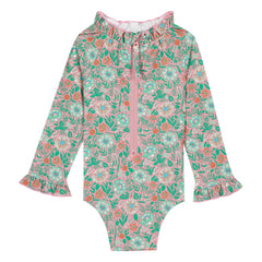 Bonton - Traje de baño de manga larga con cuello de volantes Flores | Lila