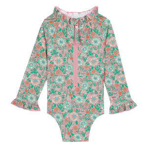 Bonton - Traje de baño de manga larga con cuello de volantes Flores | Lila