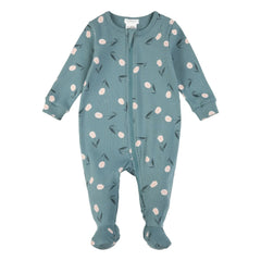 Petit Lem - Pijama de Canalé con Estampado Floral de Algodón Orgánico con Pies | Azul Verde