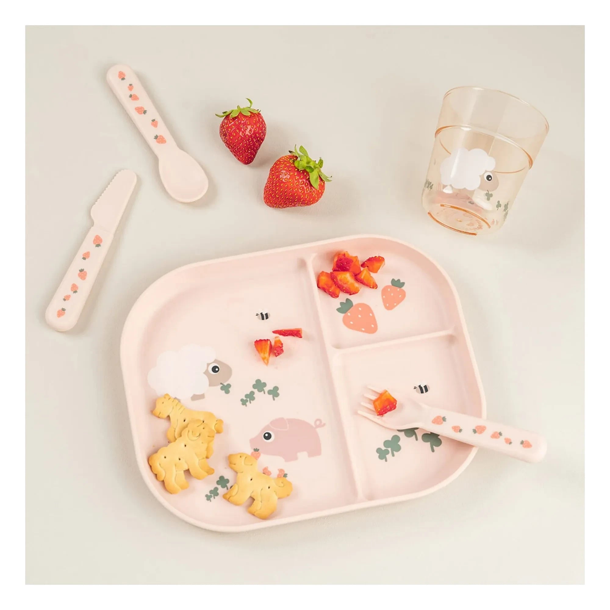 Done by deer - Set de cubiertos Tiny Farm - Set de 3 | Rosa claro