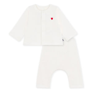 Petit Bateau - Organik Pamuk Petek Desenli Hırka ve Pantolon Seti | Beyaz