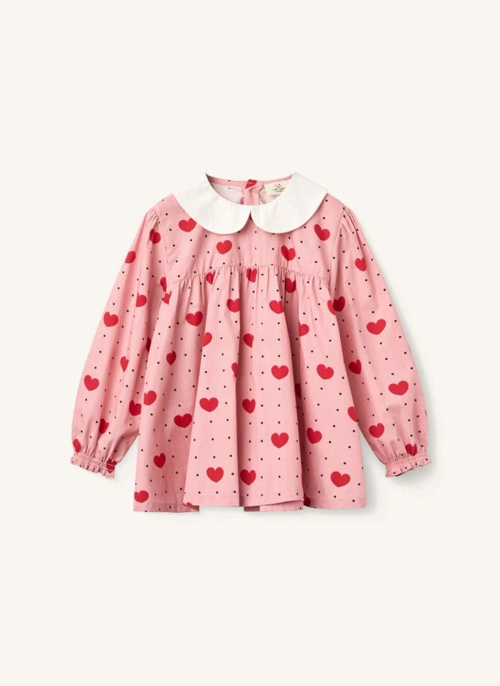 Copenhagen Colors - Blusa de Algodón Orgánico, con Cuello Peter Pan y Corazones | Rosa
