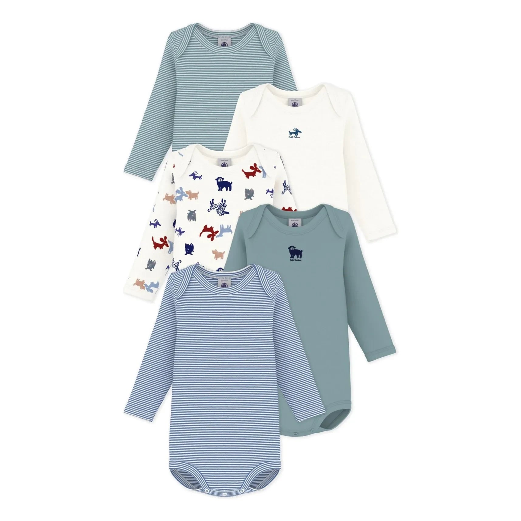 Petit Bateau - Bodies para bebé de 5 piezas de algodón orgánico con perro | Verde