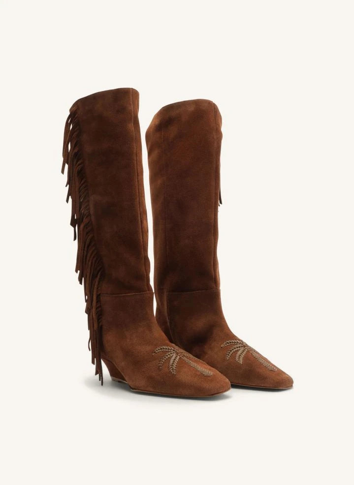 Farm Rio - Bota boho de ante con flecos y tacón de cuña | Marrón