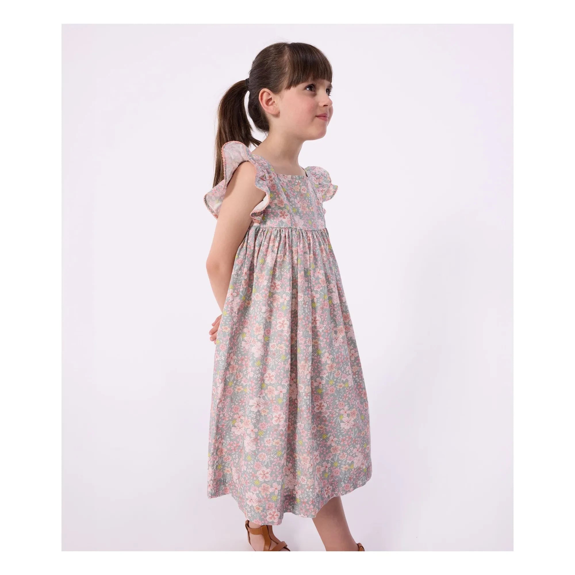 Petit Bateau - Vestido sin mangas de popelín de algodón orgánico con flores | Azul grisáceo