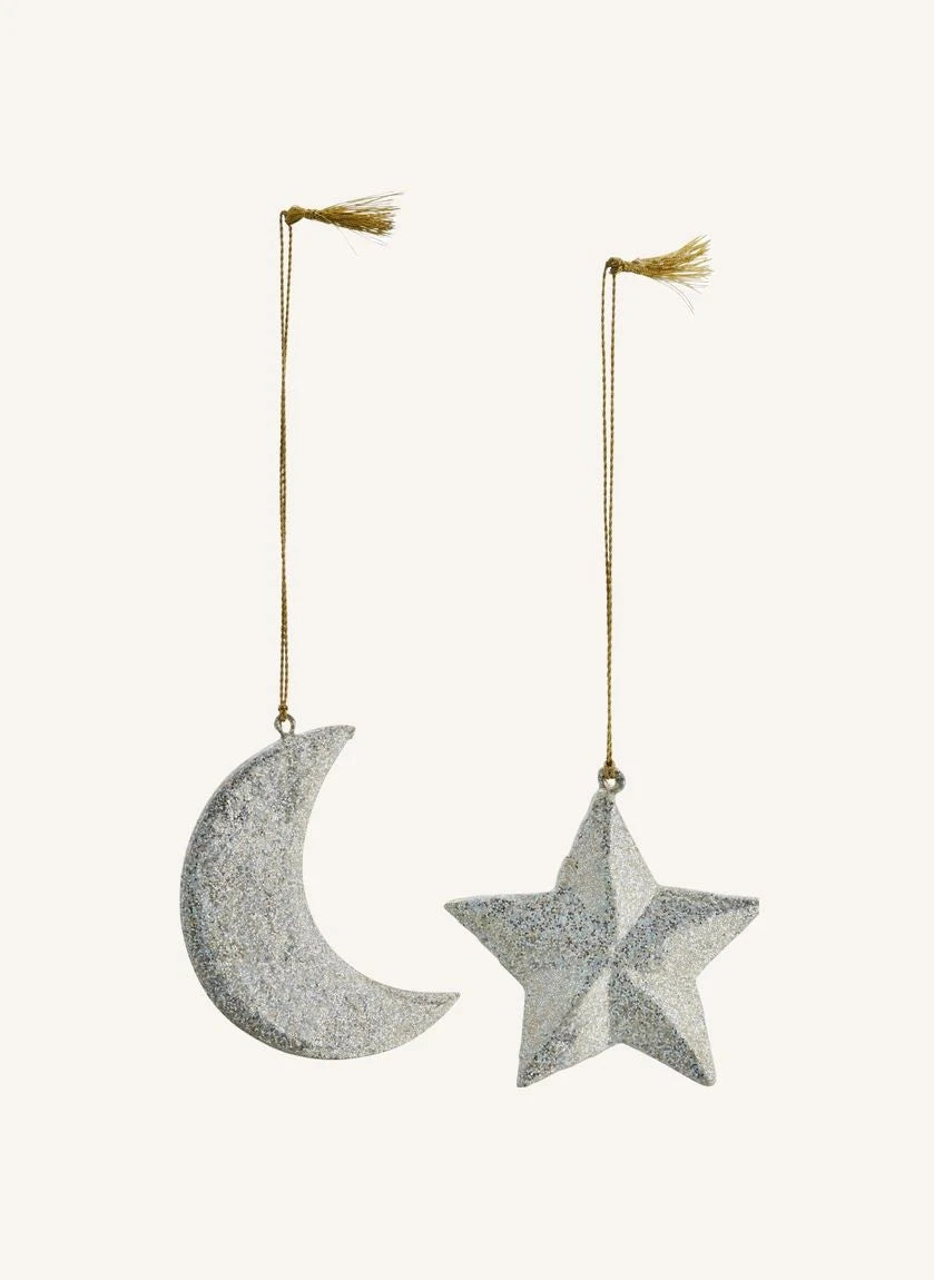 Madam Stoltz - Adorno de papel maché luna y estrella - Set de 2 | Plata
