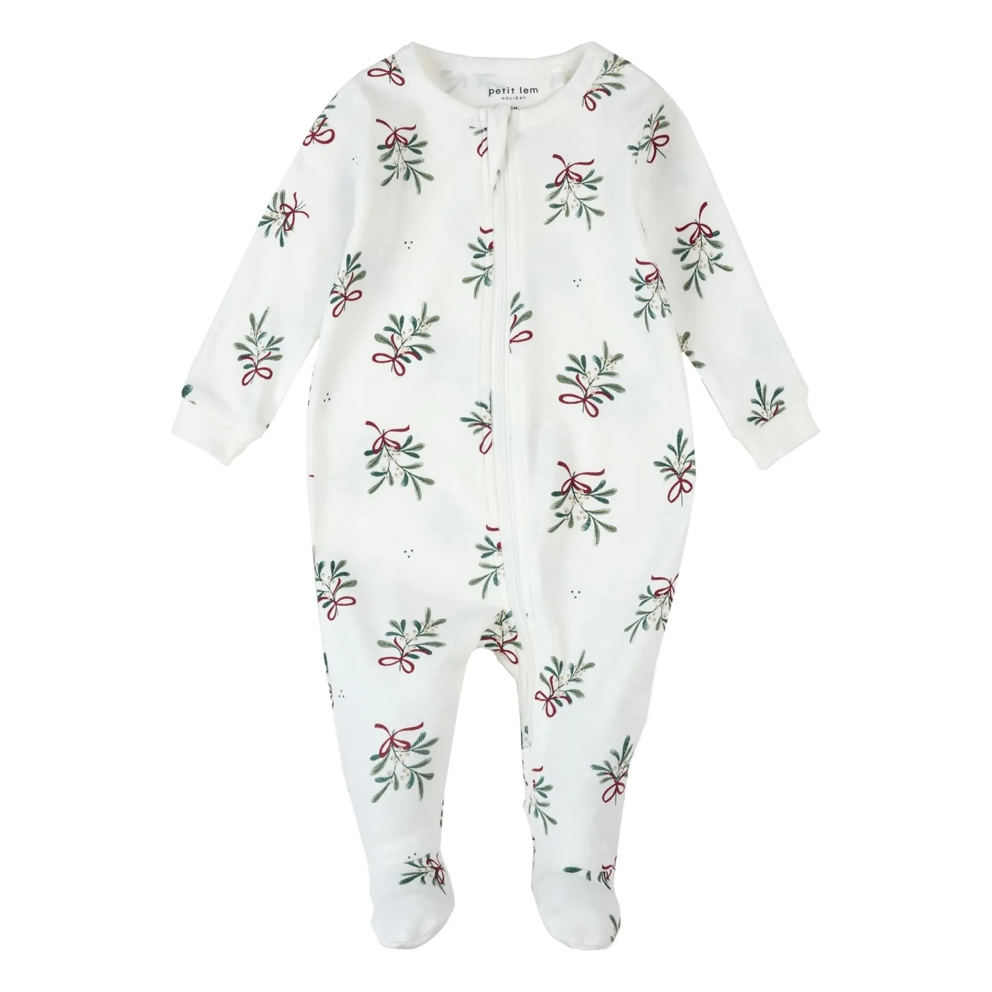 Petit Lem - Pijama de algodón orgánico con pies, diseño de muérdago | Blanco