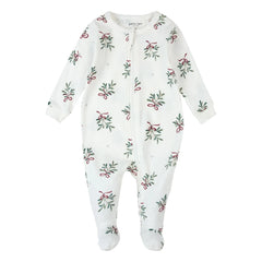 Petit Lem - Pijama de algodón orgánico con pies, diseño de muérdago | Blanco