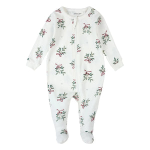 Petit Lem - Pijama de algodón orgánico con pies, diseño de muérdago | Blanco