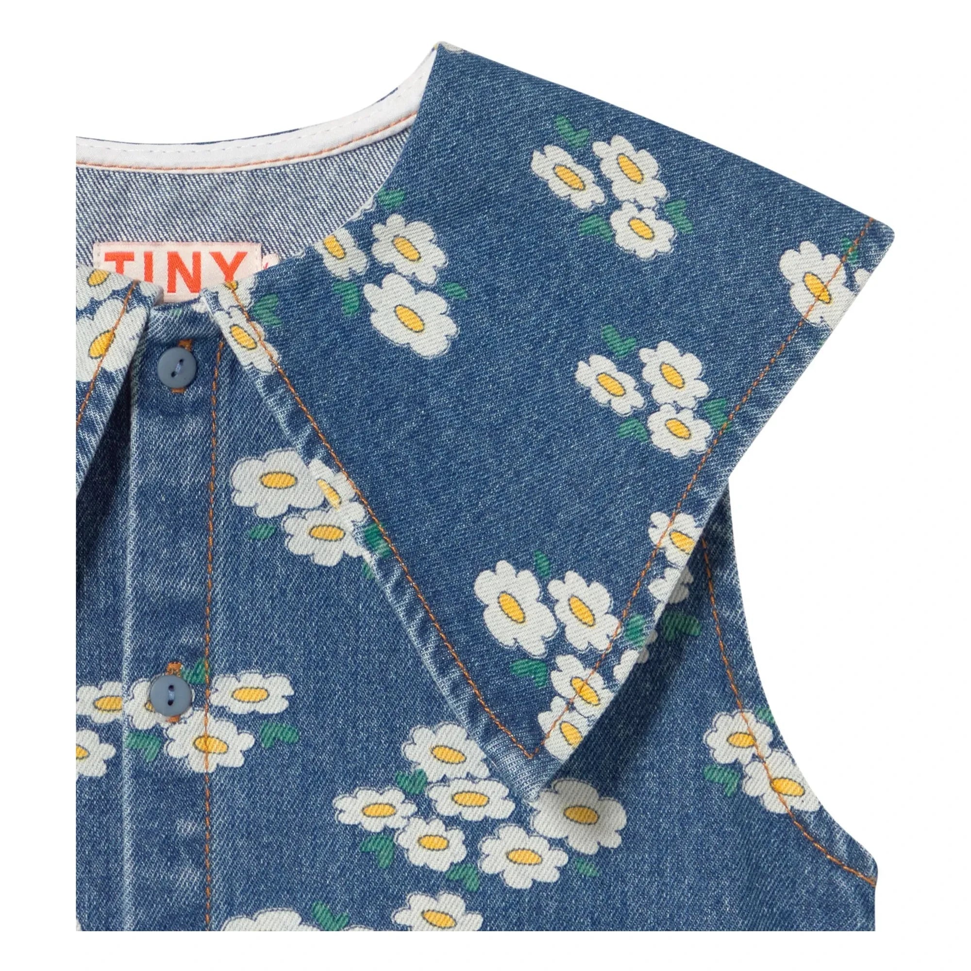 Tinycottons - Vestido Oversize de Margaritas y Cuello Vaquero | Azul