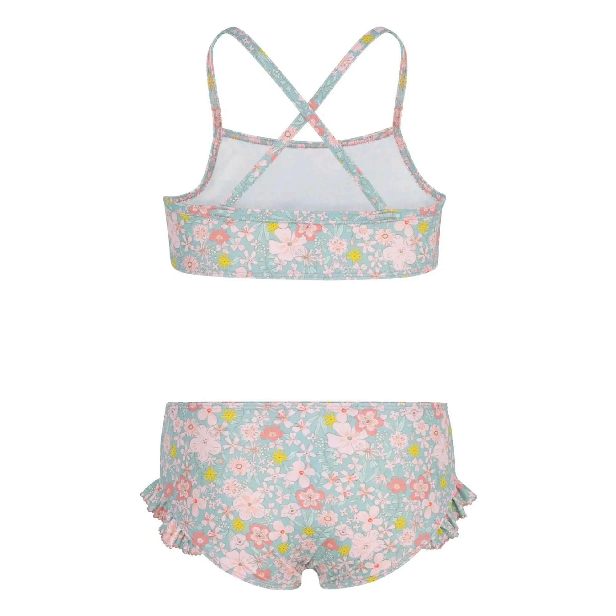 Petit Bateau - Bañador de 2 piezas con volantes y flores | Gris azulado