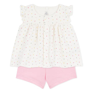 Petit Bateau - Conjunto de camiseta y pantalón corto de algodón orgánico con corazones | Blanco