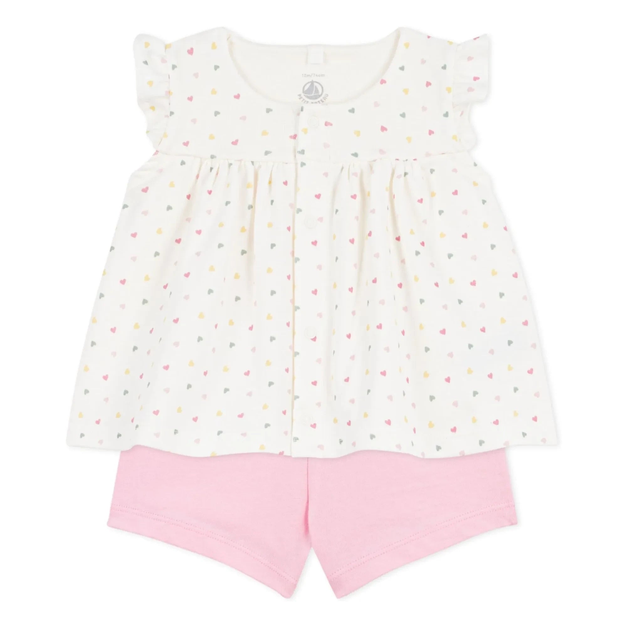 Petit Bateau - Conjunto de camiseta y pantalón corto de algodón orgánico con corazones | Blanco