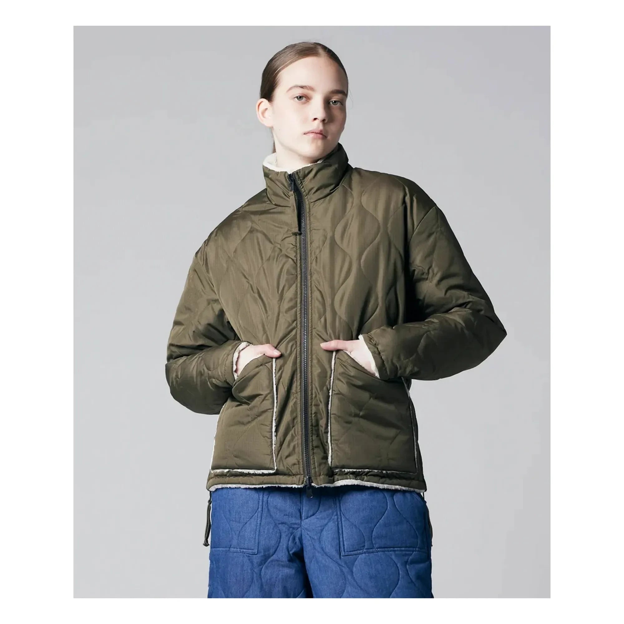 Taion - Chaqueta militar reversible de cuello alto | Caqui