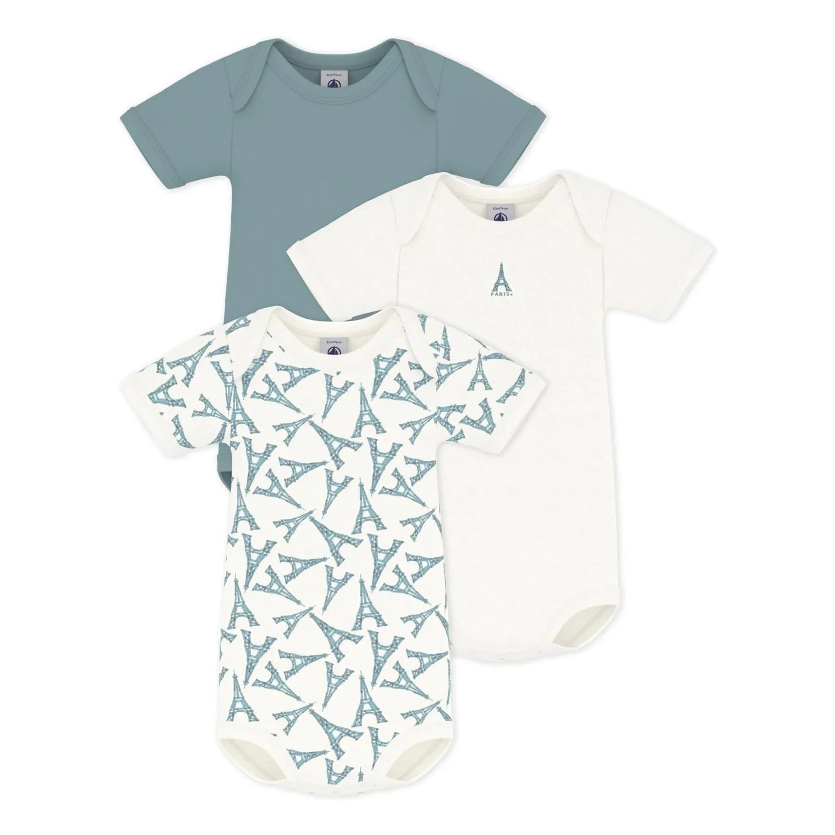 Petit Bateau - Conjunto de 3 bodys de algodón orgánico con Torre Eiffel | Verde