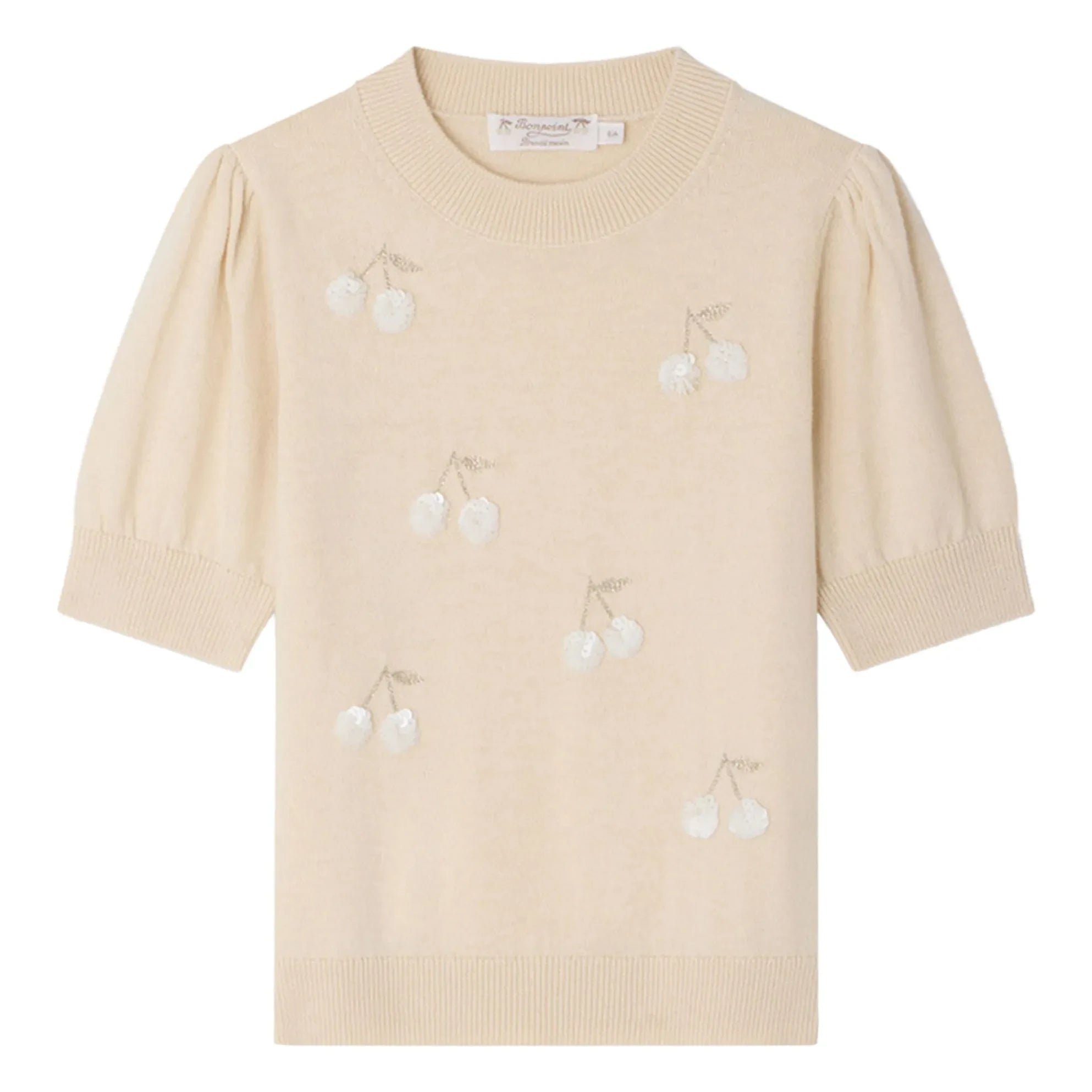 Bonpoint - Jersey de lana de manga corta con lentejuelas de cerezas Leola | Beige rosado