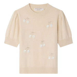 Bonpoint - Jersey de lana de manga corta con lentejuelas de cerezas Leola | Beige rosado