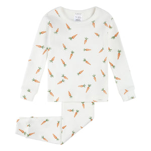 Petit Lem - Pijama de manga larga, algodón orgánico acanalado con estampado de zanahorias | Blanco