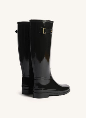 Hunter - Botas de cuero Wellington con acabamento brillante de biés dorado | Negro brillante