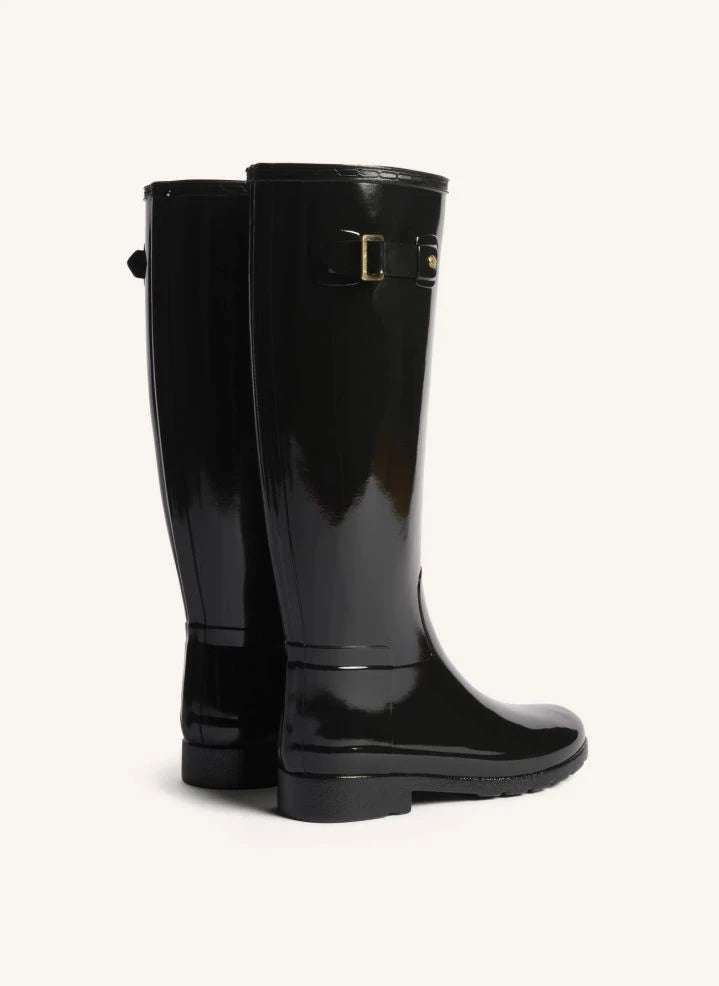 Hunter - Botas de cuero Wellington con acabamento brillante de biés dorado | Negro brillante