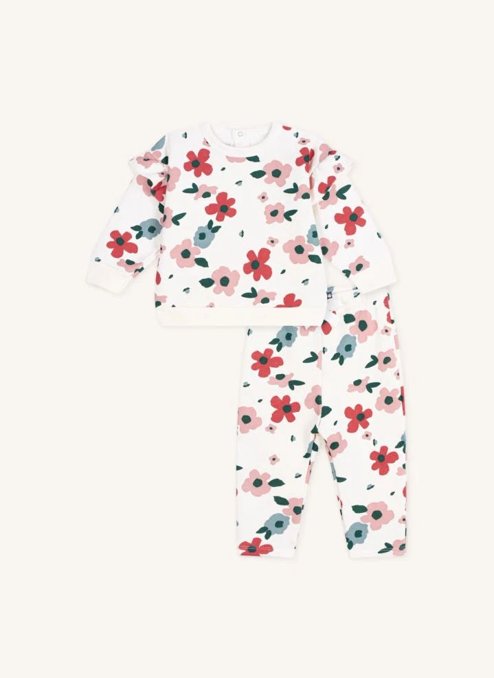 Petit Bateau - Organik pamuklu çiçekli sweatshirt ve jogger seti | Ekru