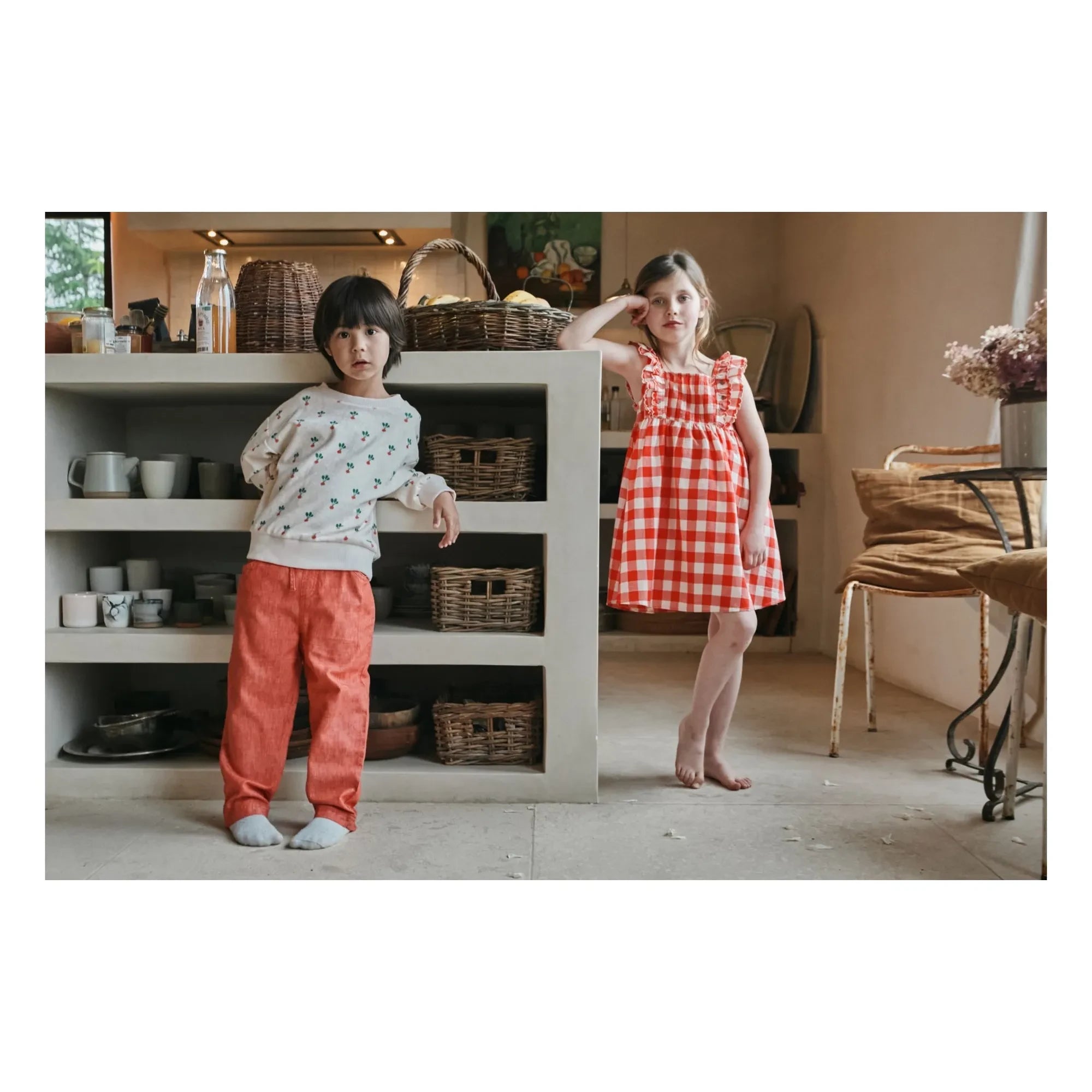 Emile et Ida - Vestido de algodón orgánico con bordado de cuadros | Rojo