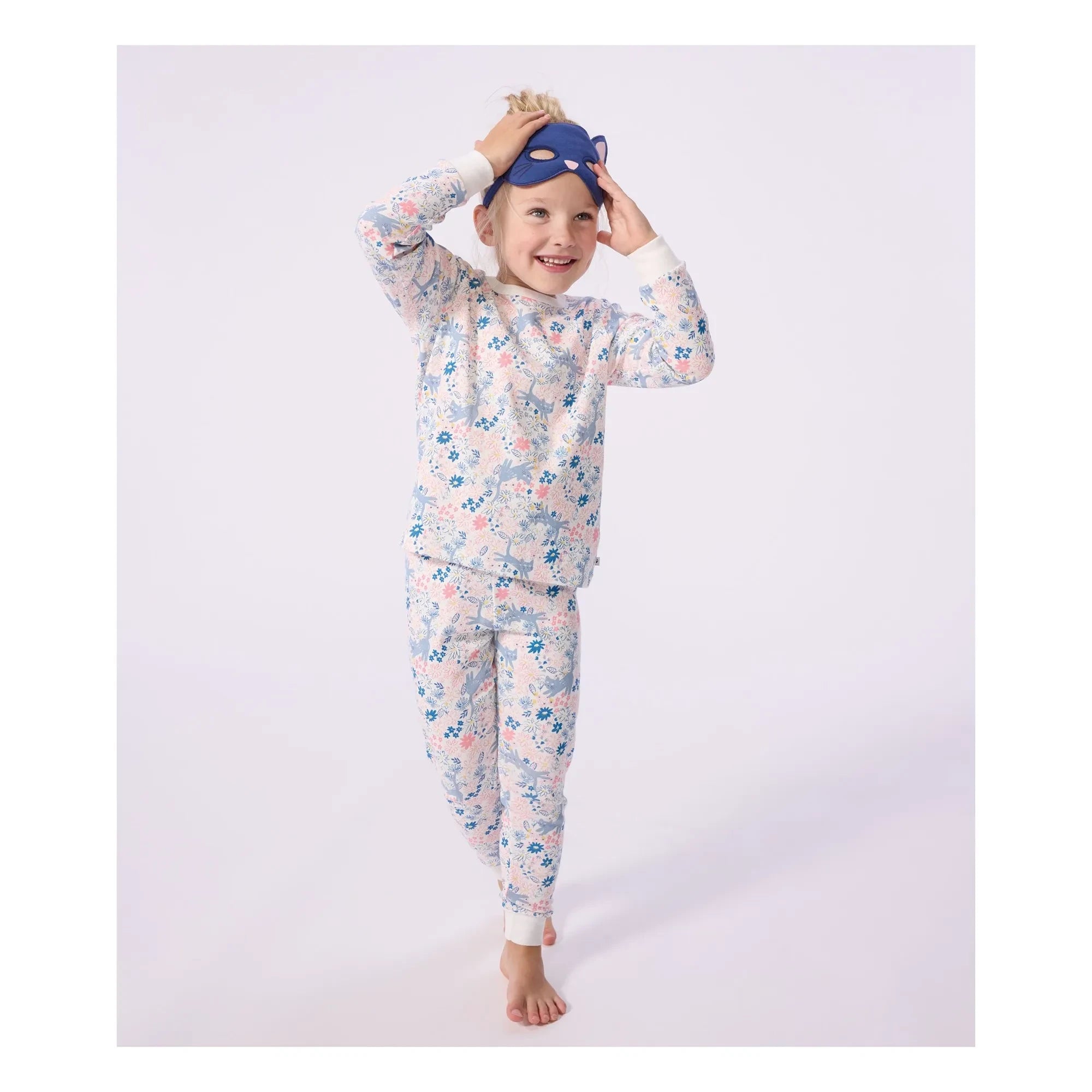 Petit Bateau - Conjunto de pijama de algodón orgánico con estampado floral y máscara de gato | Blanco