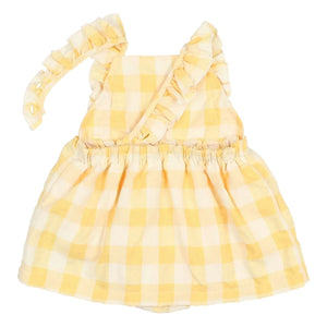 Búho - Vestido sin mangas de algodón orgánico seersucker con volantes de cuadros vichy | Amarillo