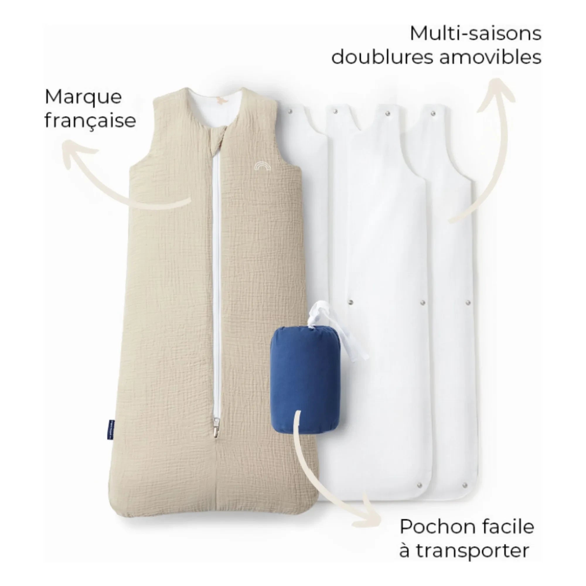 Les Petites Billes - Saco de dormir reversible de muselina de doble capa para todas las estaciones | Beige