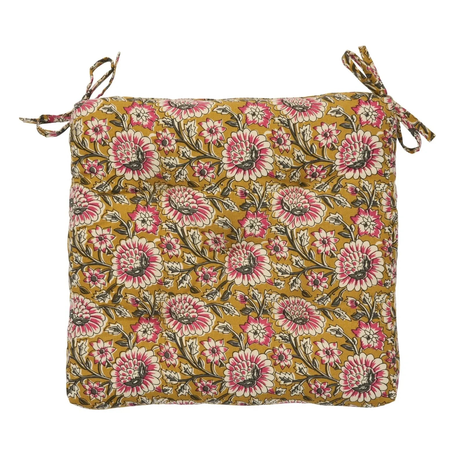 Madam Stoltz - Cojín de silla de algodón con estampado floral | Mostaza
