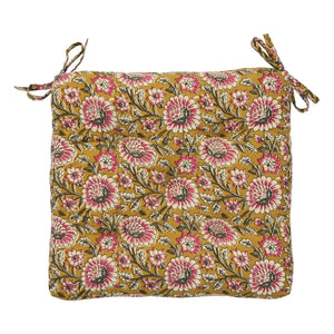 Madam Stoltz - Cojín de silla de algodón con estampado floral | Mostaza
