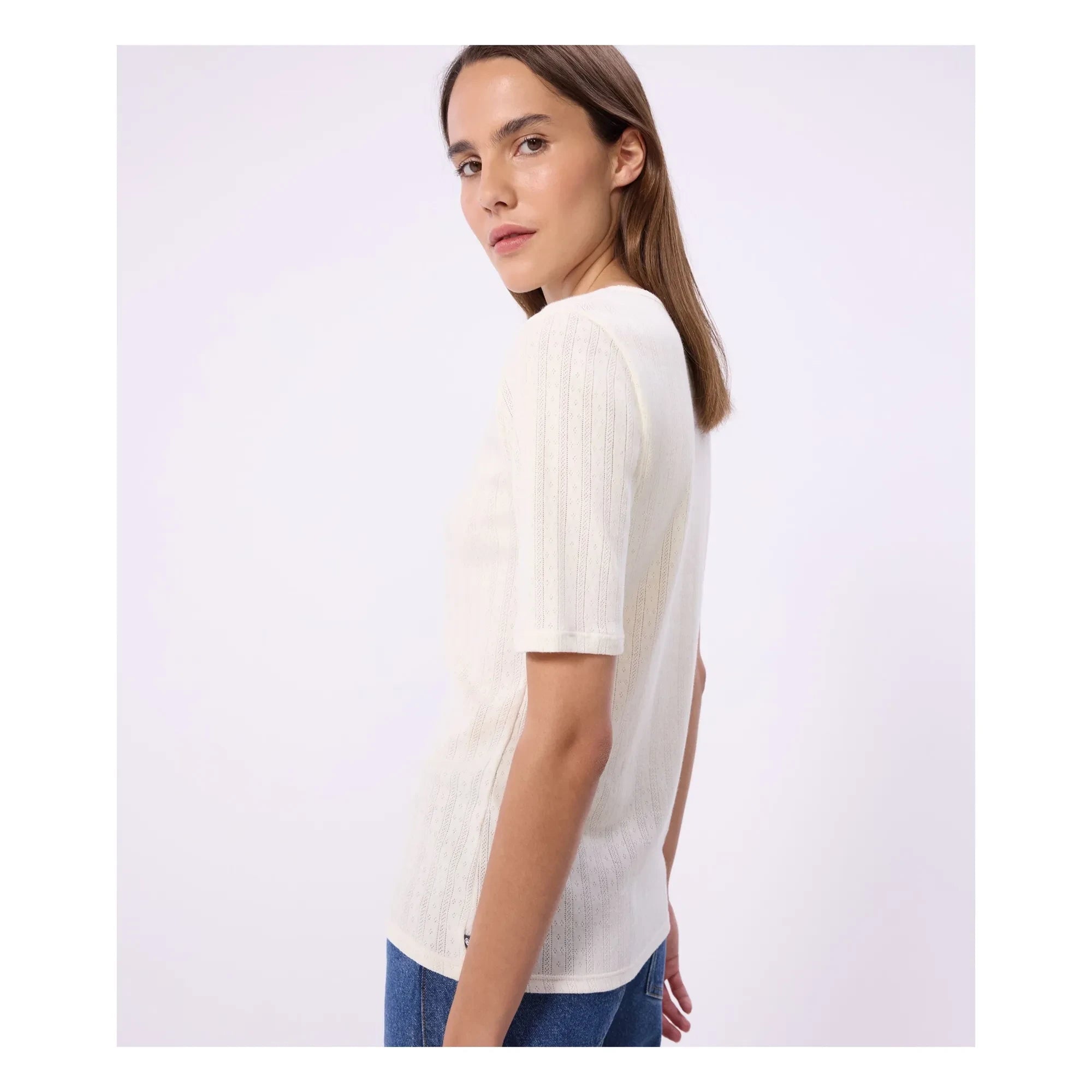 Petit Bateau - Camiseta con cuello tunecino de punto calado | Crudo