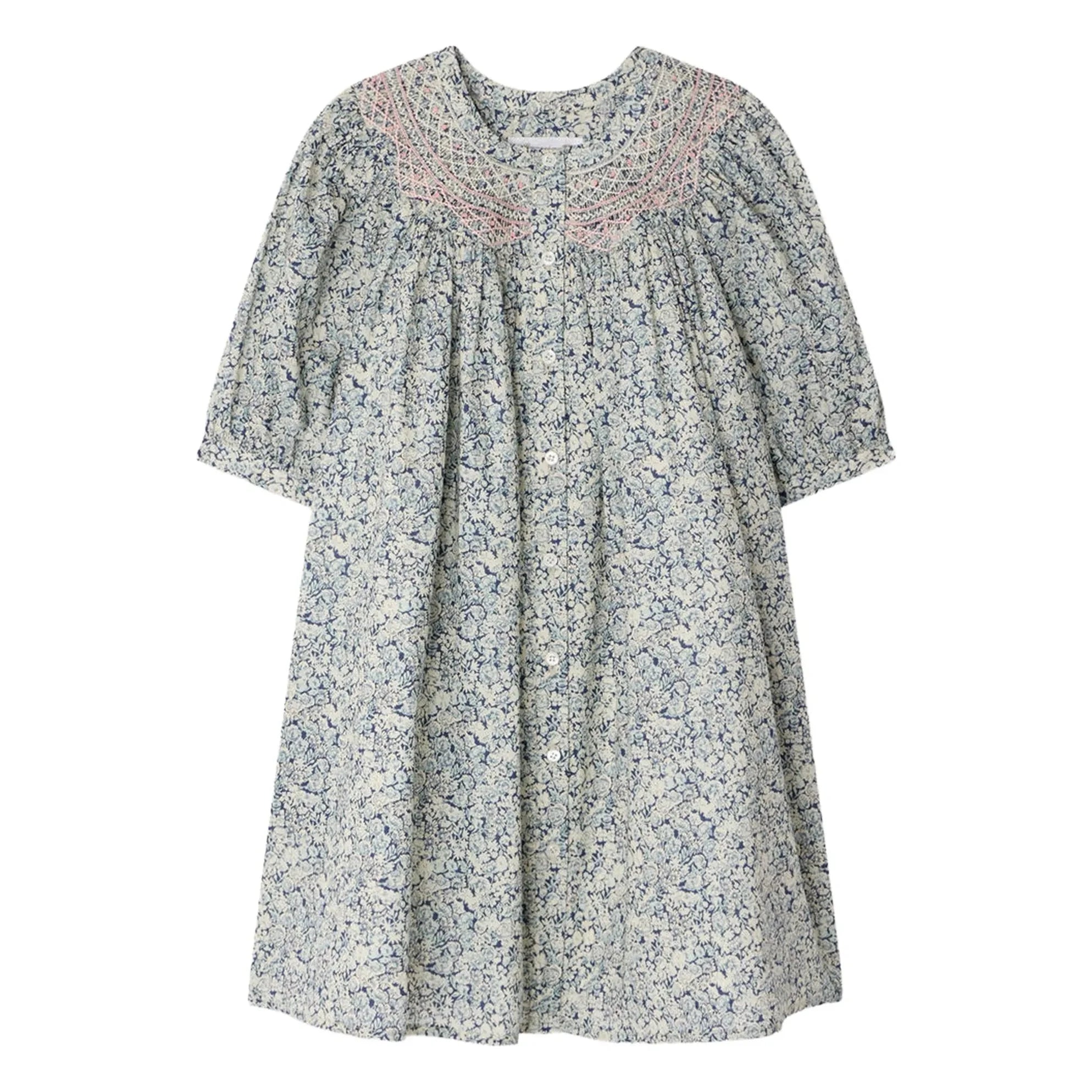 Bonpoint - Vestido fruncido de algodón orgánico Ladwiga Fleurie | Azul Prusia
