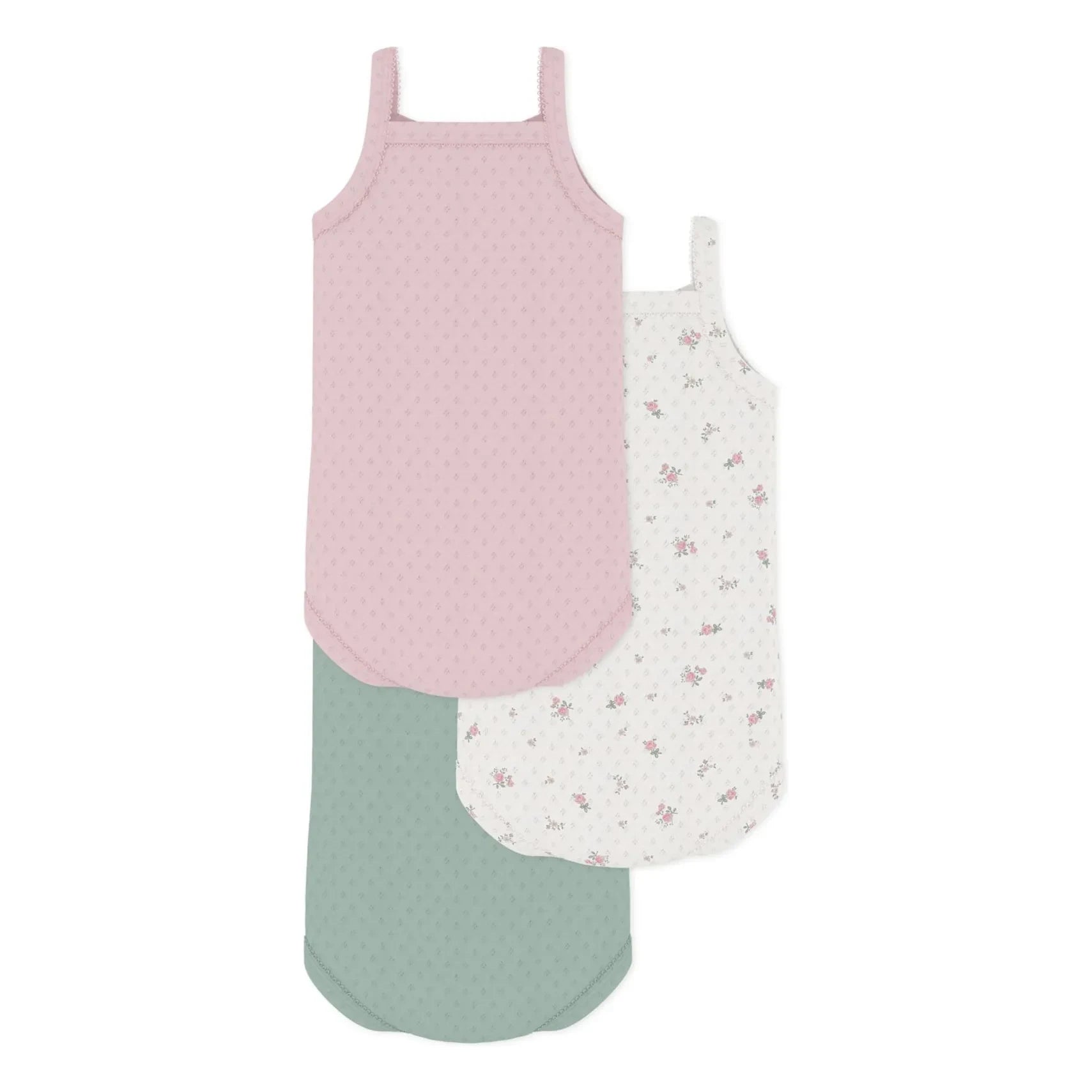 Petit Bateau - Conjunto de 3 Bodys sin Mangas de Algodón Orgánico con Calado y Estampado Floral | Rosa