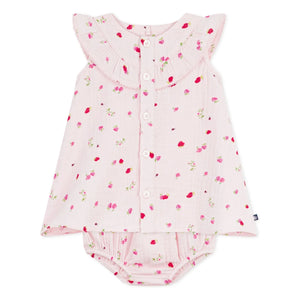 Petit Bateau - Conjunto de vestido y braguita floreados de gasa de algodón orgánico | Rosa